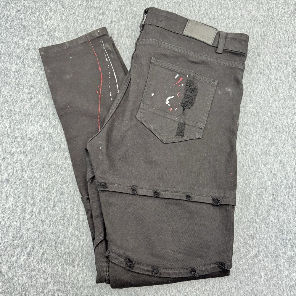 FOCUS JEANS Mens Black Distressed Broken Heart Paint Splatter‎ Moto Jeans 36x32